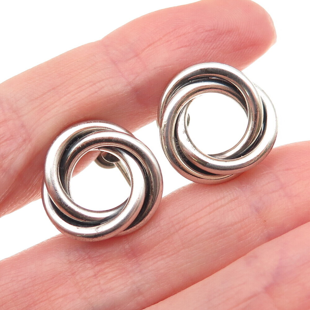 Beau Sterling Silver Antique Art Deco Interlocked Trinity Screw Back Earrings
